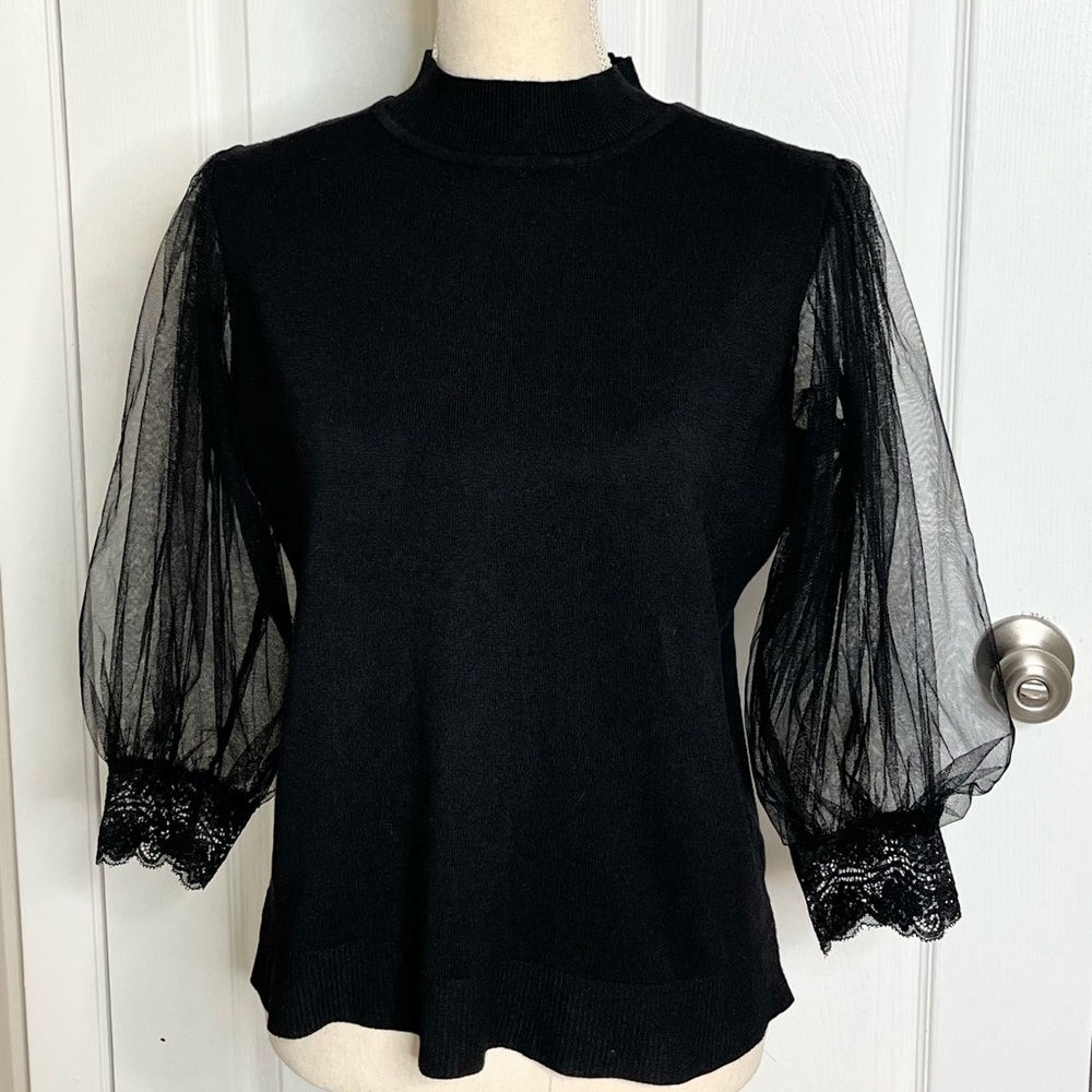 A Love Story Black Puff Sleeve Mock Neck Black Top size Large